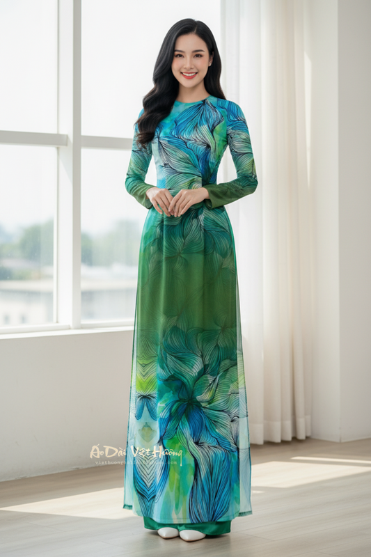 A54 - Áo Dài Lụa Tiêu Giao In Blue/Green | Áo Only
