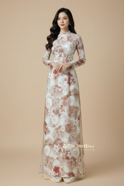 A67 - Áo Dài Lụa Tiêu Giao Trắng phối hoa nâu đỏ