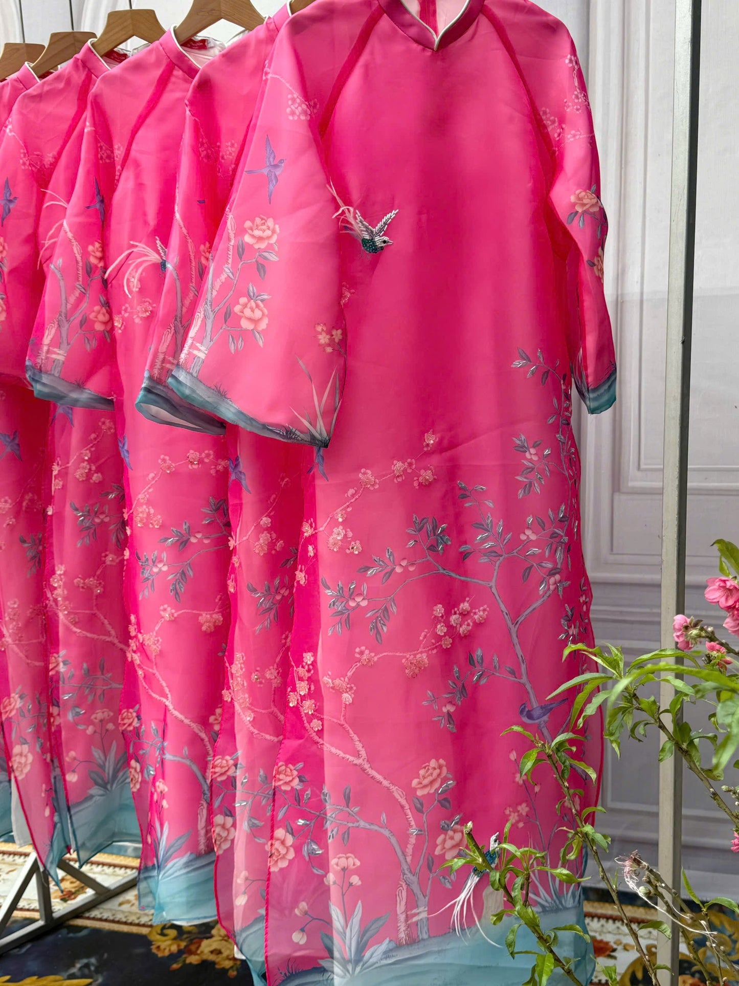 A96 - Set Áo Dài Cách Tân Hồng (kèm quần nhũ)