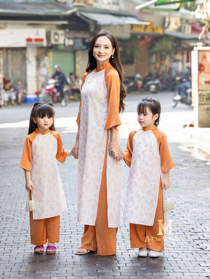 F1 - Orange Little Flowers Women’s Set Áo Dài (Mom & Girl)