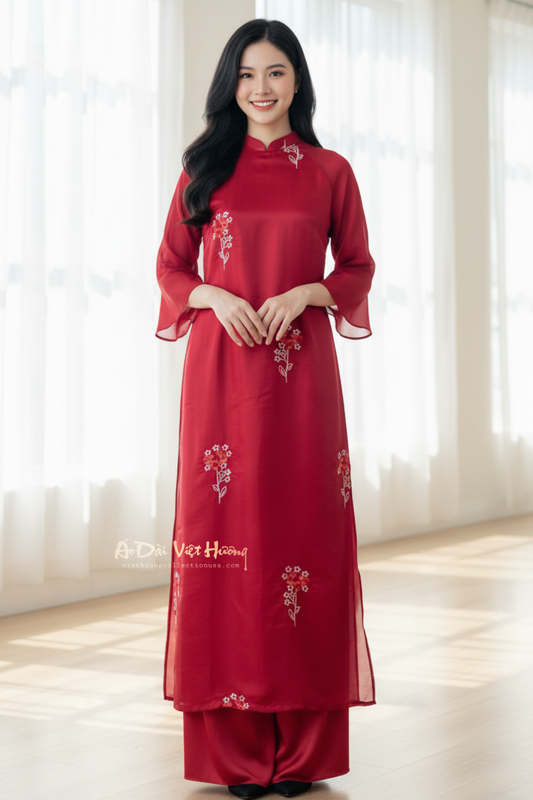 A38 - Set Áo Dài Cách Tân Suông Tơ Thêu Đỏ (Kèm quần)