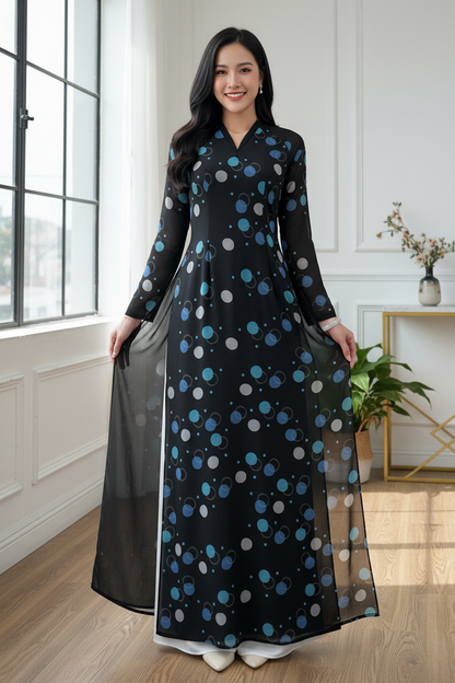 A46 - Áo Dài Chiffon 4 Tà Đen Chấm Bi