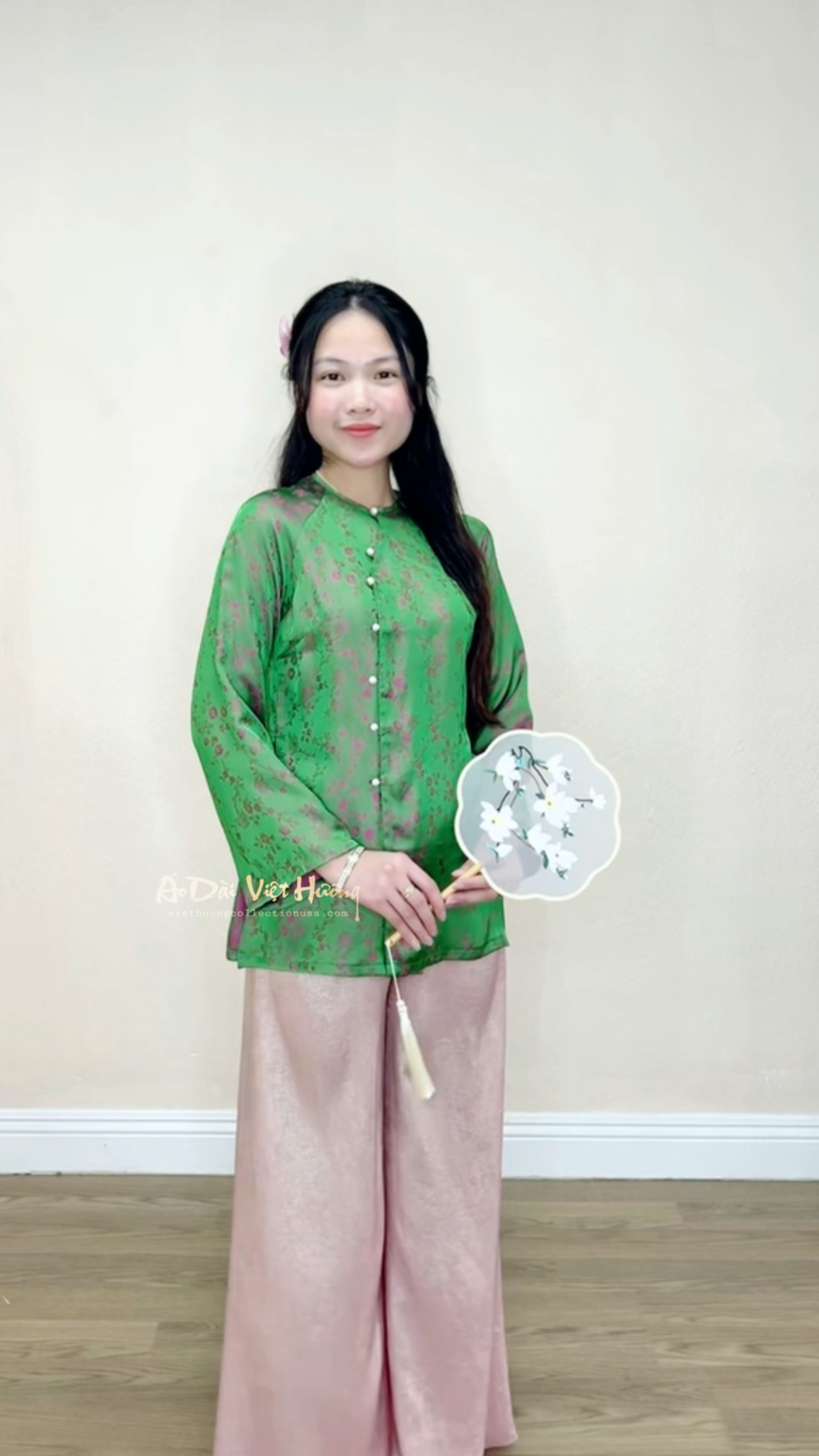 B4 - Áo Bà Ba Gấm Xanh hoa nhí hồng | Áo Only