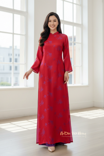 A139 - Áo Dài Dáng Suông Gấm Lụa Thiên Cúc Đỏ/Tím | Áo Only