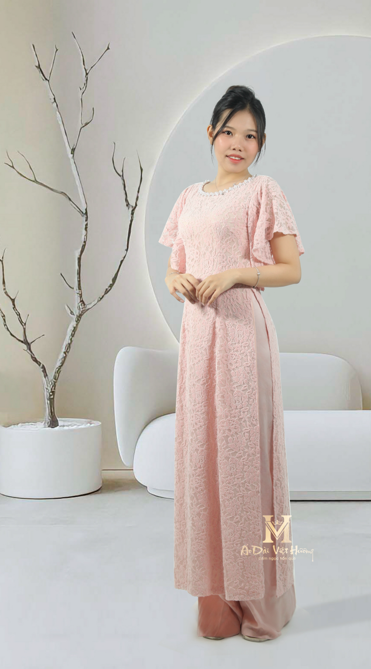 233 - Velvet Lace Fabric Pink Set Ao Dai with Pants (Bộ Áo Dài Nhung Ren Hồng Kèm Quần)