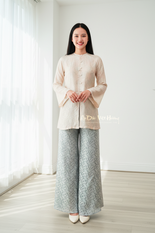 B2 - Áo Bà Ba Lụa Tơ Tằm Nha Xá hồng lợt ánh xanh