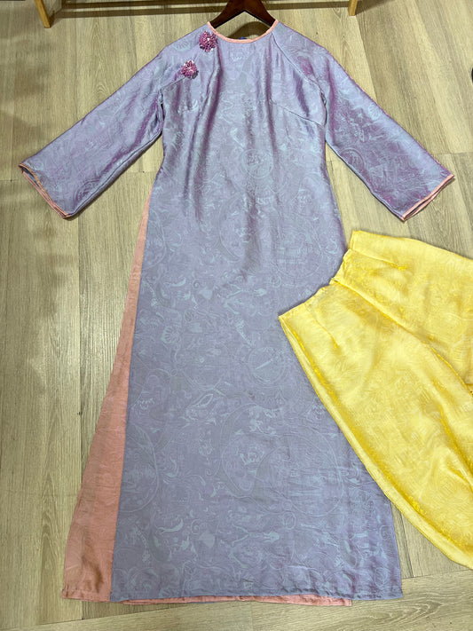 A36 - Set Áo Dài Tencel 4 Tà Tim/Hồng | Kèm Quần Vàng