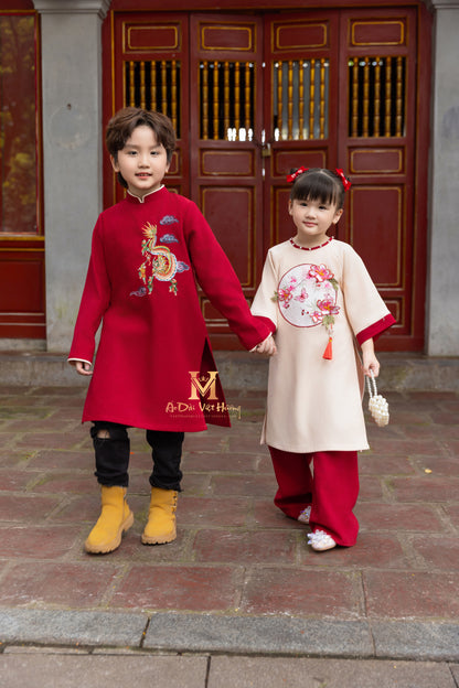 F12 - Girl’s Set Áo Dài Beige Kim Ngân - kèm quần (Family Áo Dài)