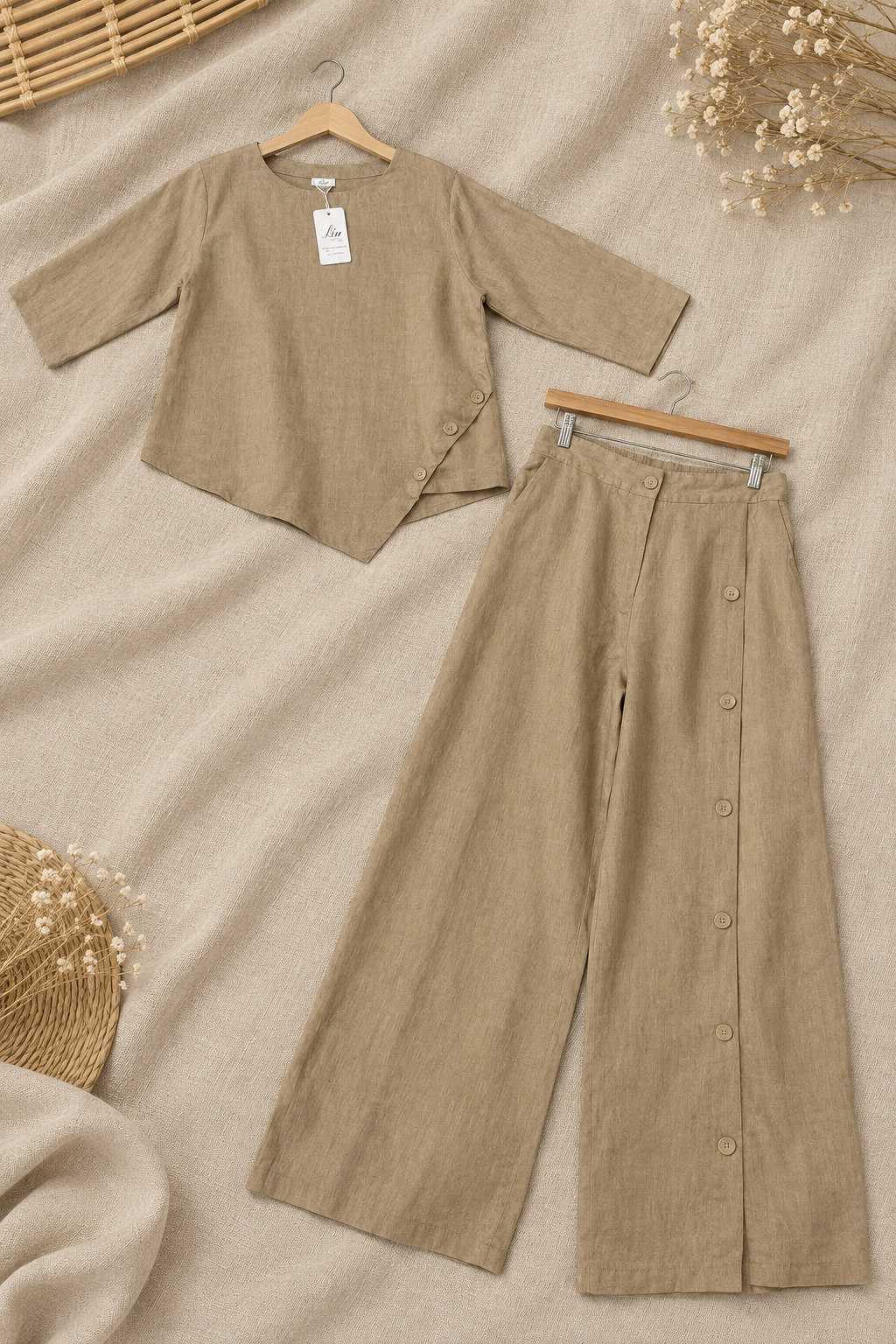 L60->64 - Set Linen Châu Âu | Kèm quần phối nút