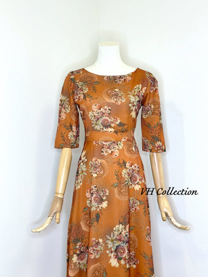 D74 - Orange Brown Flowers Sabrina Neck Long Dress