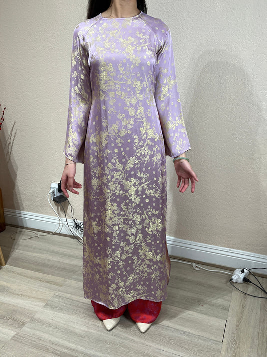 AD3 - Áo Dài Suông Gấm Hoa Đào Tím/Vàng. Final sale (no return/exchange).