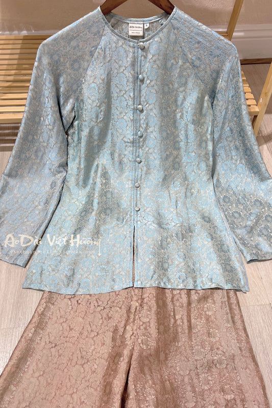 B08 - Set Áo Bà Ba Tơ Tằm Nha Xá Hoa Cúc Xanh/Nâu | Kèm Quần