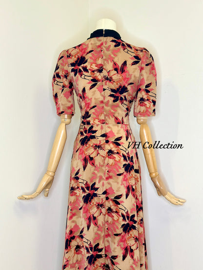 D82 - Nude Pink Flowers Shirt Collar Long Dress