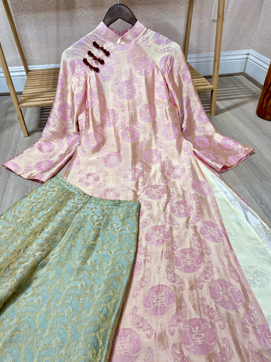 A4 - Set Áo Dài lụa Tơ Tằm Nha Xá hoạ tiết Thọ Dơi Cổ 4 Tà | Kèm Quần