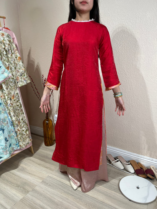 AD71 - Áo Dài Cách Tân Suông Tơ Tencel Đỏ Kết. Final sale (no return/exchange).