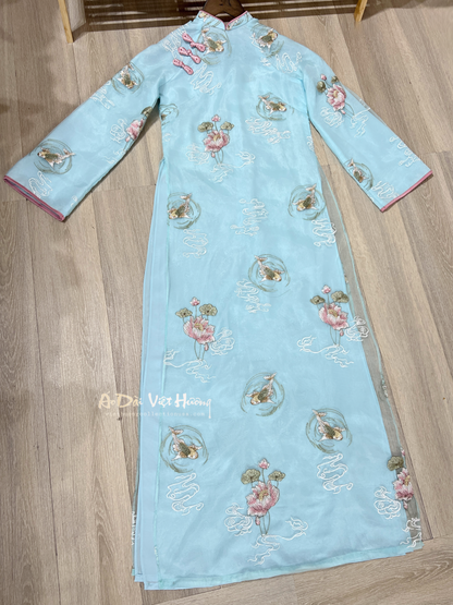 M1 - Women’s Áo Dài Tơ Thêu 4 Tà Blue (Áo only)