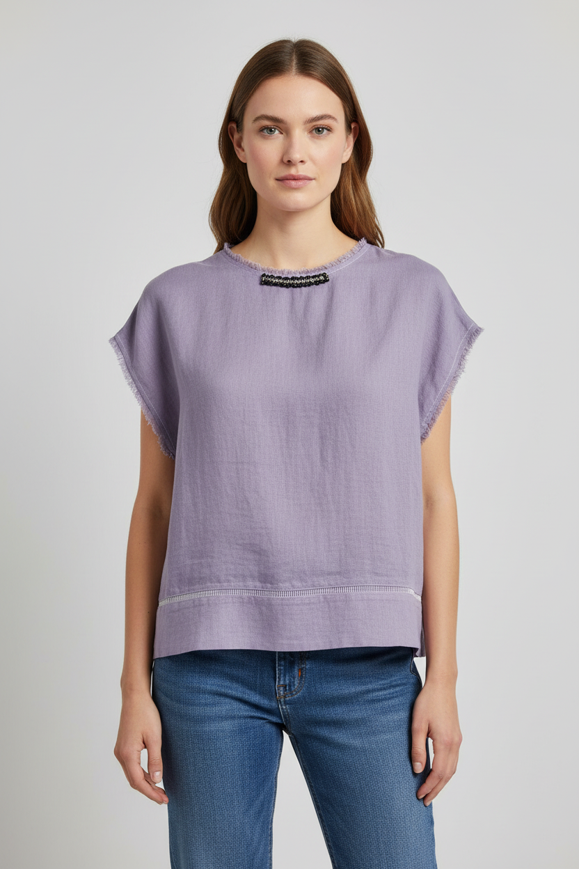 L153->157 - 100% Linen Fringed Blouse