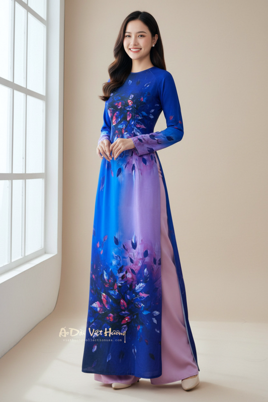 A14 - Áo Dài Lụa Tiêu Giao Xanh Tím