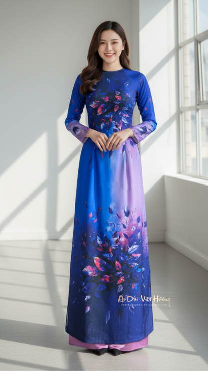 A14 - Áo Dài Lụa Tiêu Giao Xanh Tím