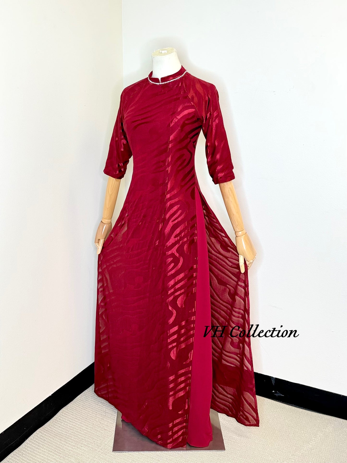 D39 - Áo Dài Dress Wine Red Triple Layers