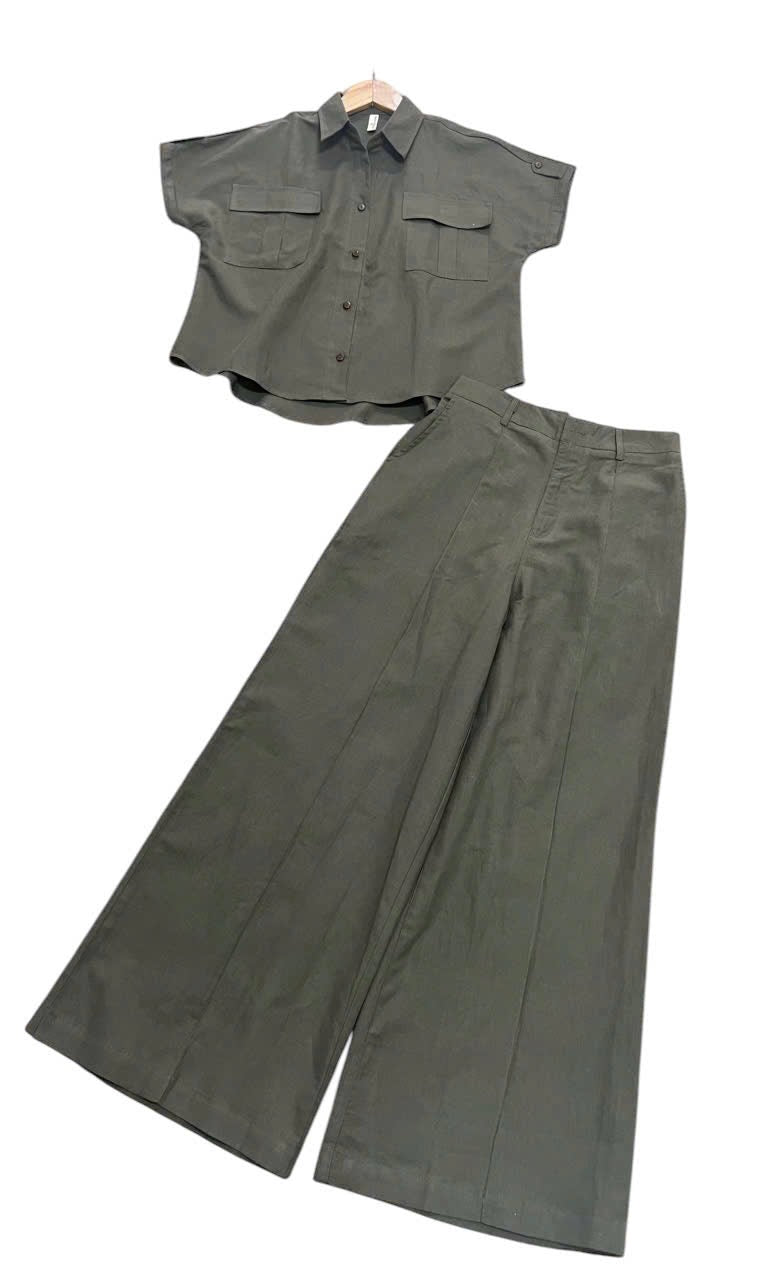L103->107 - Short-Sleeve Shirt & Wide-Leg Pants Set | Linen Blend