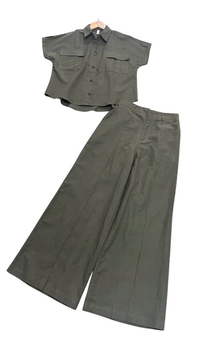 L103->107 - Short-Sleeve Shirt & Wide-Leg Pants Set | Linen Blend