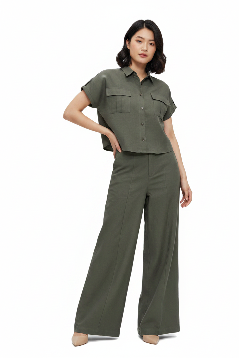 L103->107 - Short-Sleeve Shirt & Wide-Leg Pants Set | Linen Blend
