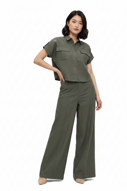 L103->107 - Short-Sleeve Shirt & Wide-Leg Pants Set | Linen Blend
