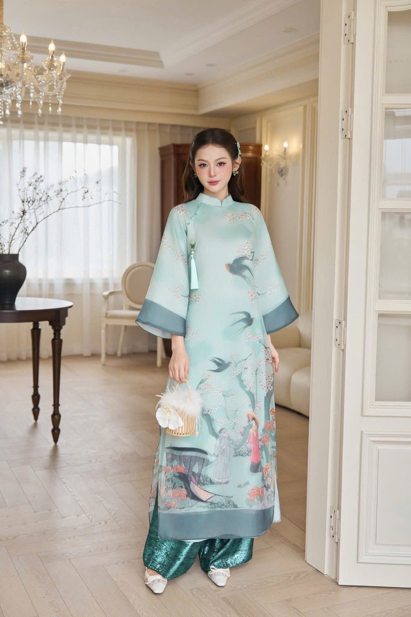 A114 - Set Áo Dài Cách Tân Suông Tơ Organza Blue (kèm quần nhũ)