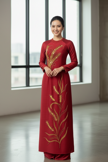 AD10 - Set Áo Dài Tơ Ánh Nguyệt 4 Tà Đỏ Đô (kèm quần Tô Châu)