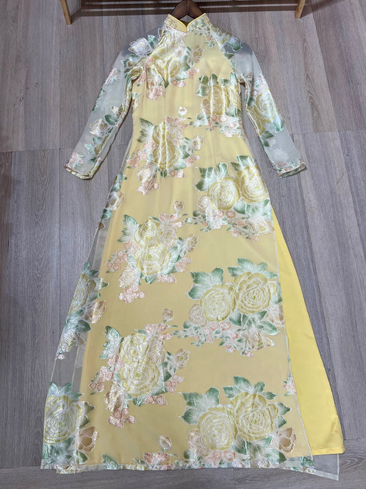 A25 - Áo Dài Đầm Tơ Hoa Vàng