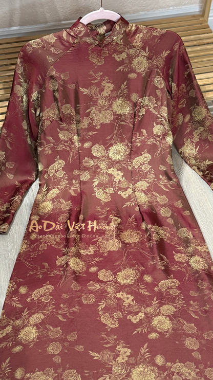A45 - Áo Dài Gấm Tằm 2 Da Đỏ Nâu Tím (Cổ Gợn Sóng)