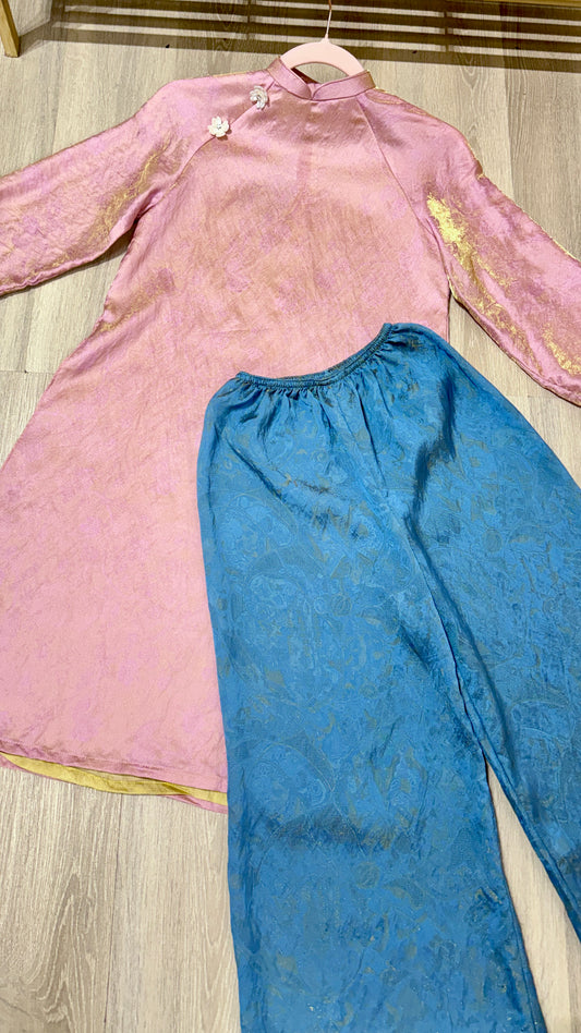 G4 - Set Áo Dài Bé Gái Tơ Tencel 4 Tà Hồng/ Vàng (kèm quần)