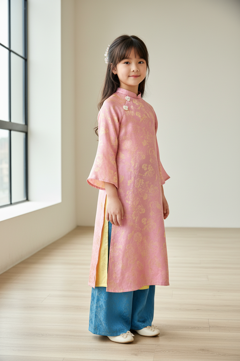 G4 - Girl’s Set Áo Dài Tơ Tencel 4 Tà Hồng/ Vàng (kèm quần)