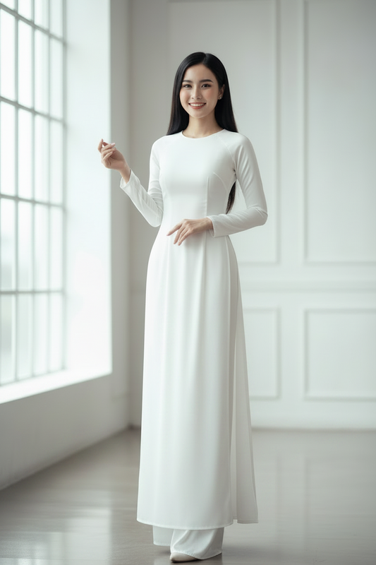 A9 - Áo Dài Lụa Tô Châu Trắng (Cổ Tròn) | Áo only