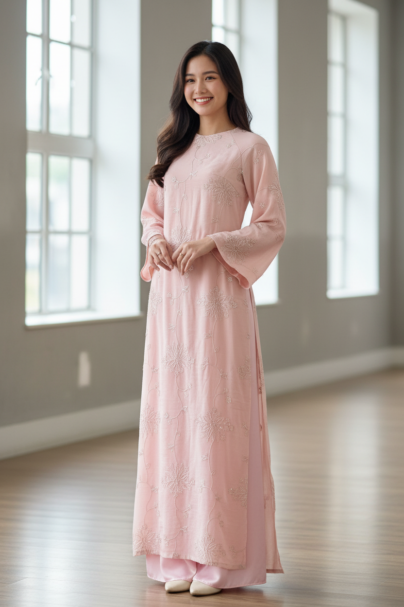D15 - Áo Dài Ren Kim Sa Hồng | Áo only. Final sale (no return/exchange)