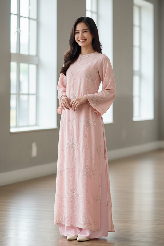 D15 - Áo Dài Ren Kim Sa Hồng | Kèm Quần nhũ hồng