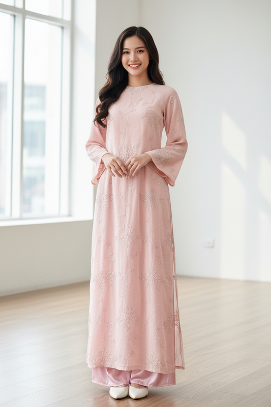 D15 - Áo Dài Ren Kim Sa Hồng | Kèm Quần nhũ hồng
