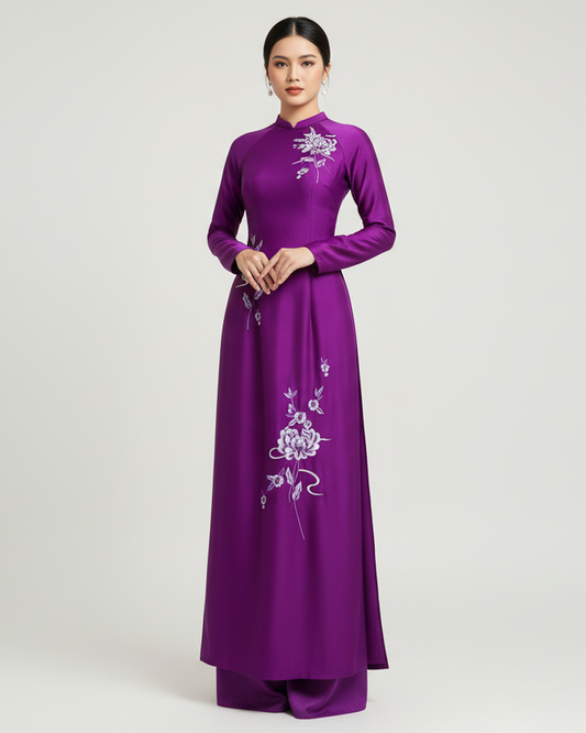 A65 - Áo Dài Lụa Ánh Sao Tím Thêu Hoa