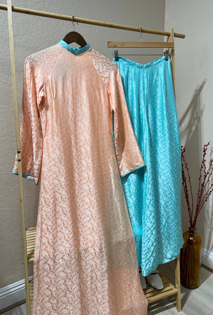 A3 - Set Áo Dài Tơ Tằm Nha Xá dáng suông Orange/Turquoise (Kèm quần)
