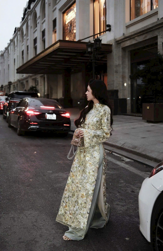 A51 - Set Áo Dài Sequin Nude/Green (kèm quần Nhũ)