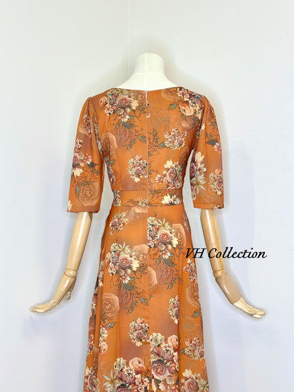 D74 - Orange Brown Flowers Sabrina Neck Long Dress