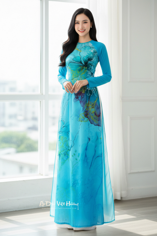 A63 - Áo Dài Chiffon 4 Tà Turquoise Blue
