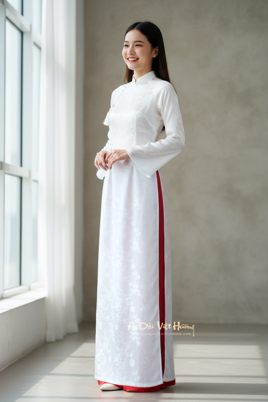 A103 - Áo Dài Gấm Lụa Trúc Đào Trắng