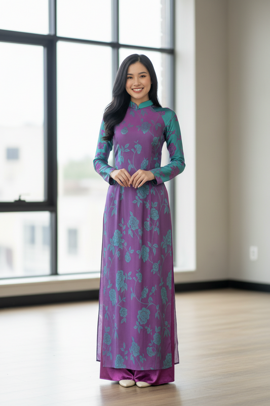 A136 - Áo Dài Silk Óng Tím/Xanh Cổ Vịt