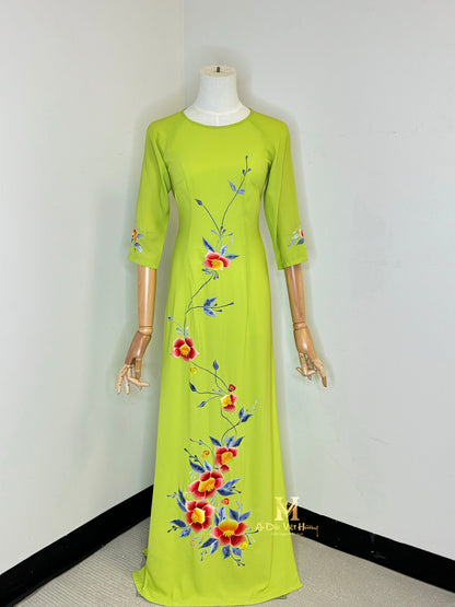 TK141 - Designed Embroidery Áo Dài Bright Neon Green. *Display Product (Final Sale)