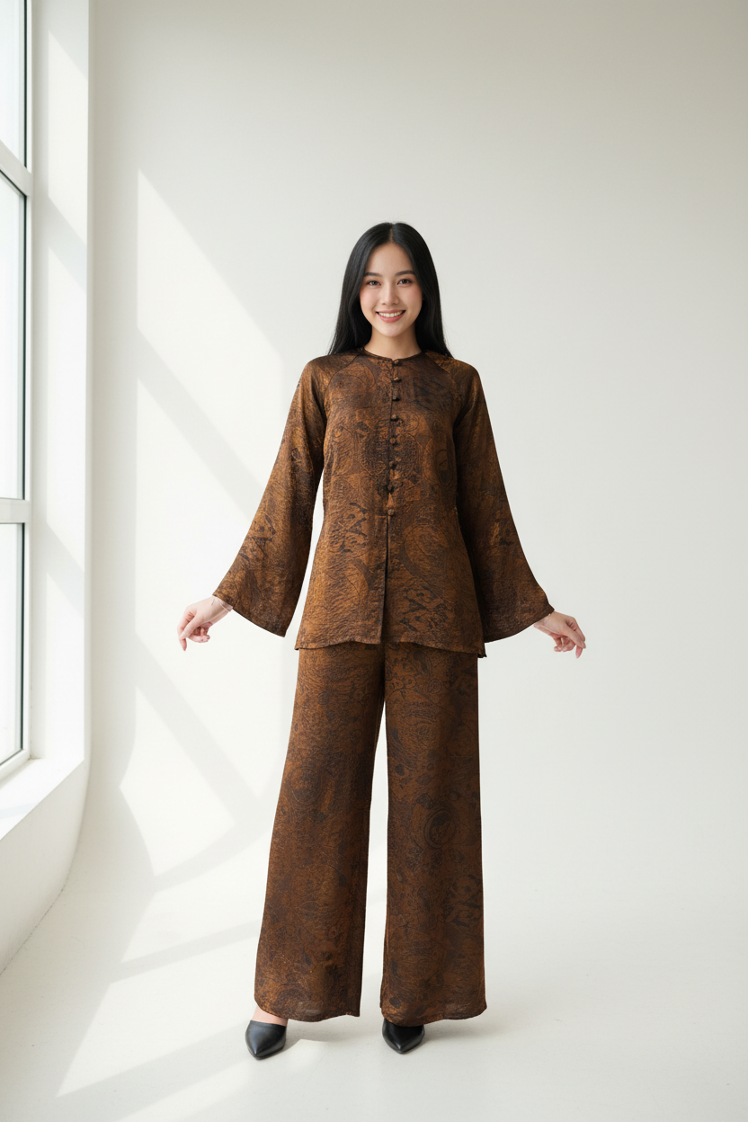 B5 - Áo Bà Ba Tencel Nâu/Đen