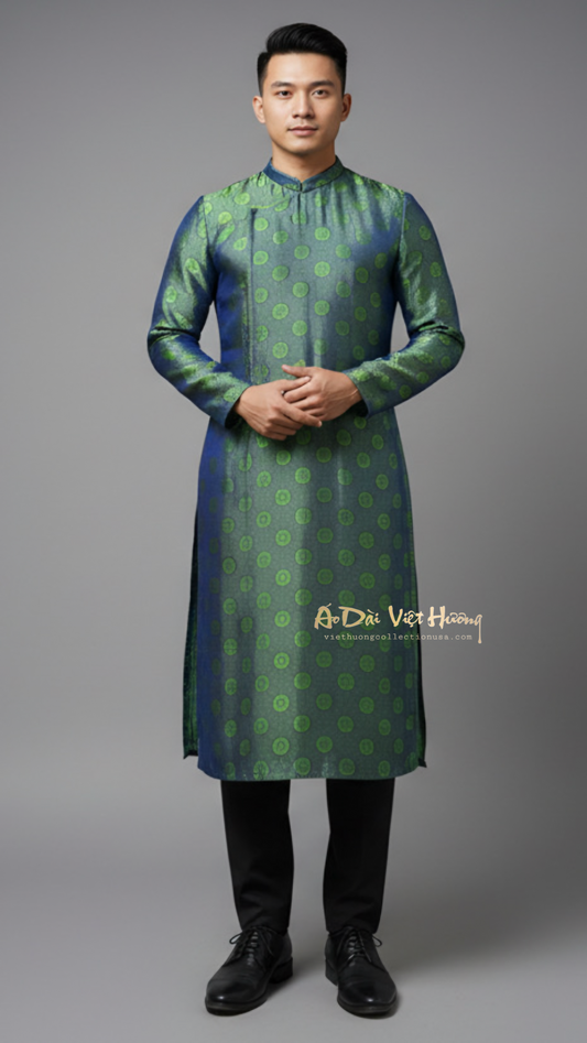 A84 - Men’s Áo Dài Nha Xá Silk Blue/Green
