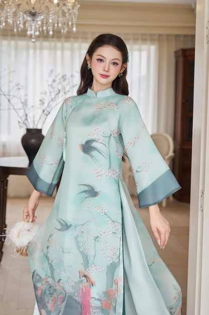 A114 - Set Áo Dài Cách Tân Suông Tơ Organza Blue (kèm quần nhũ)