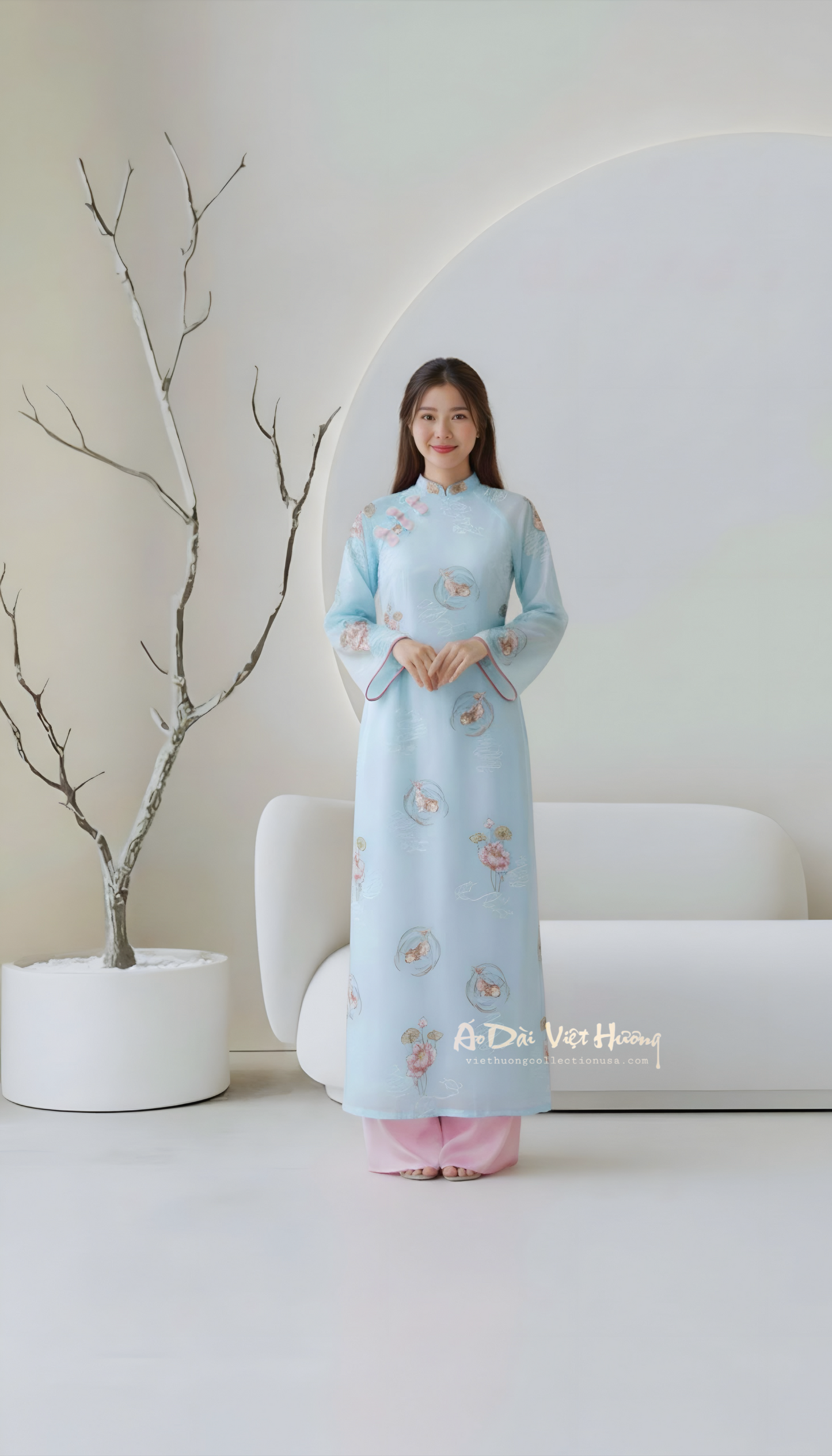 M1 - Women’s Áo Dài Tơ Thêu 4 Tà Blue (Áo only)